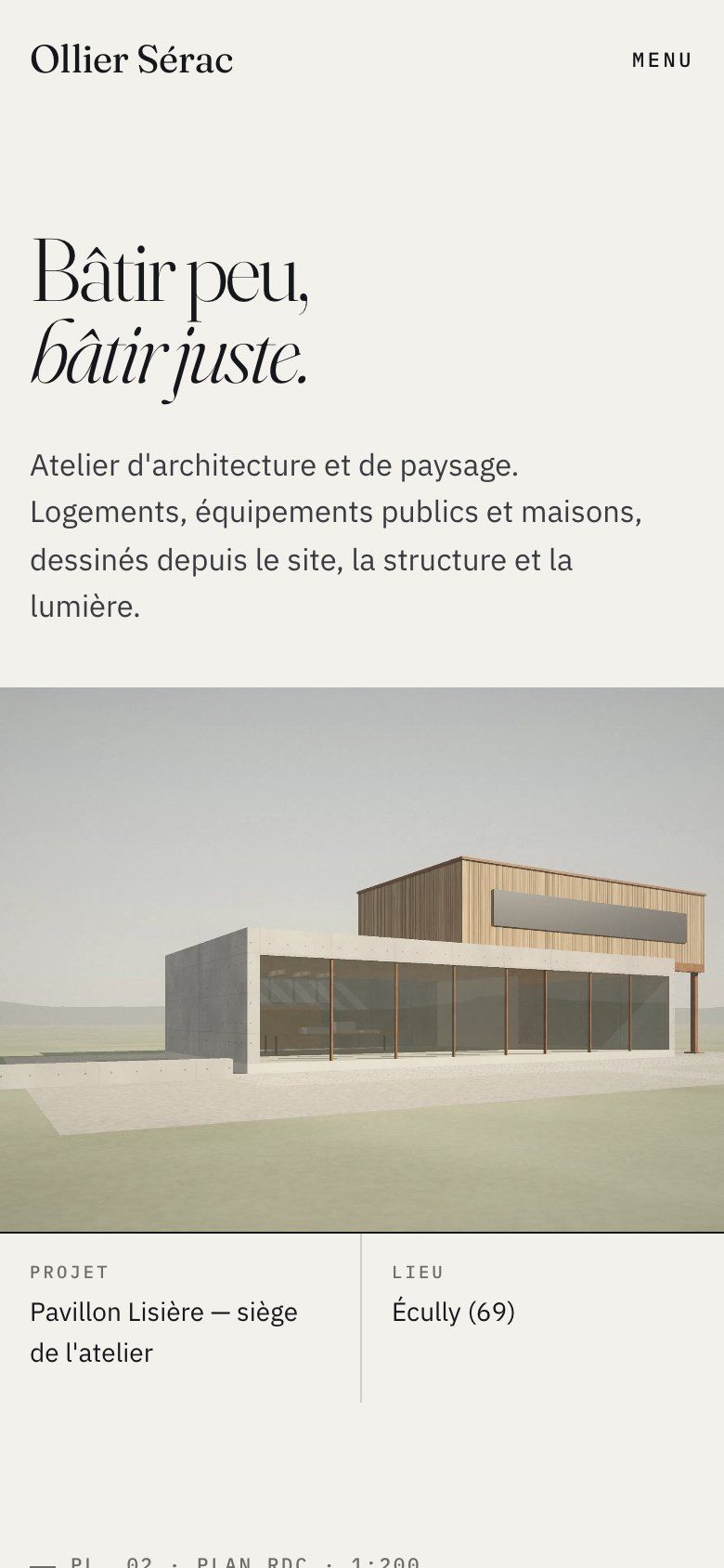 Ollier Sérac architecture firm website on mobile: “Build little, build right” headline above the pavilion perspective