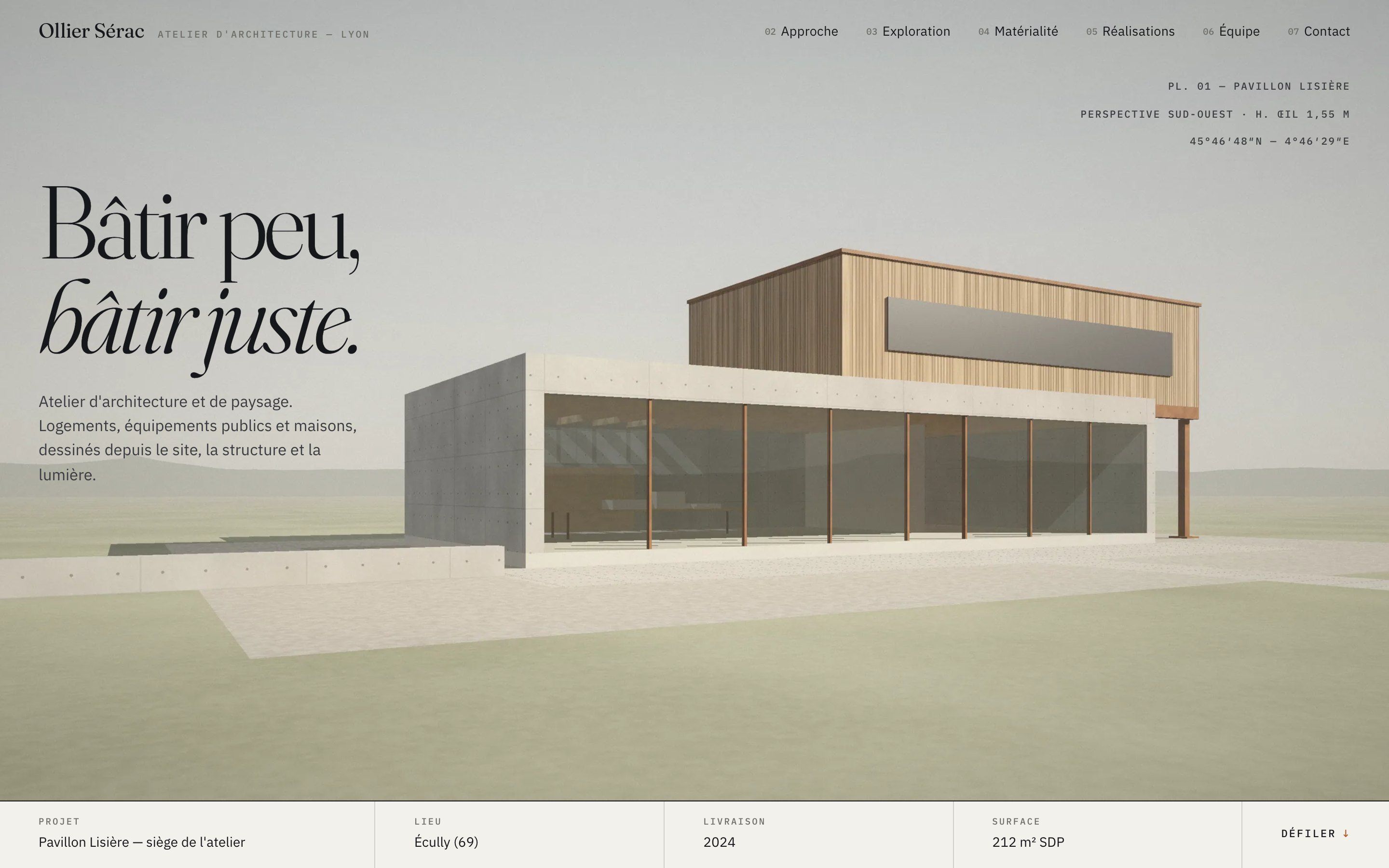 Ollier Sérac architecture firm website on desktop: pavilion perspective and drawing title block