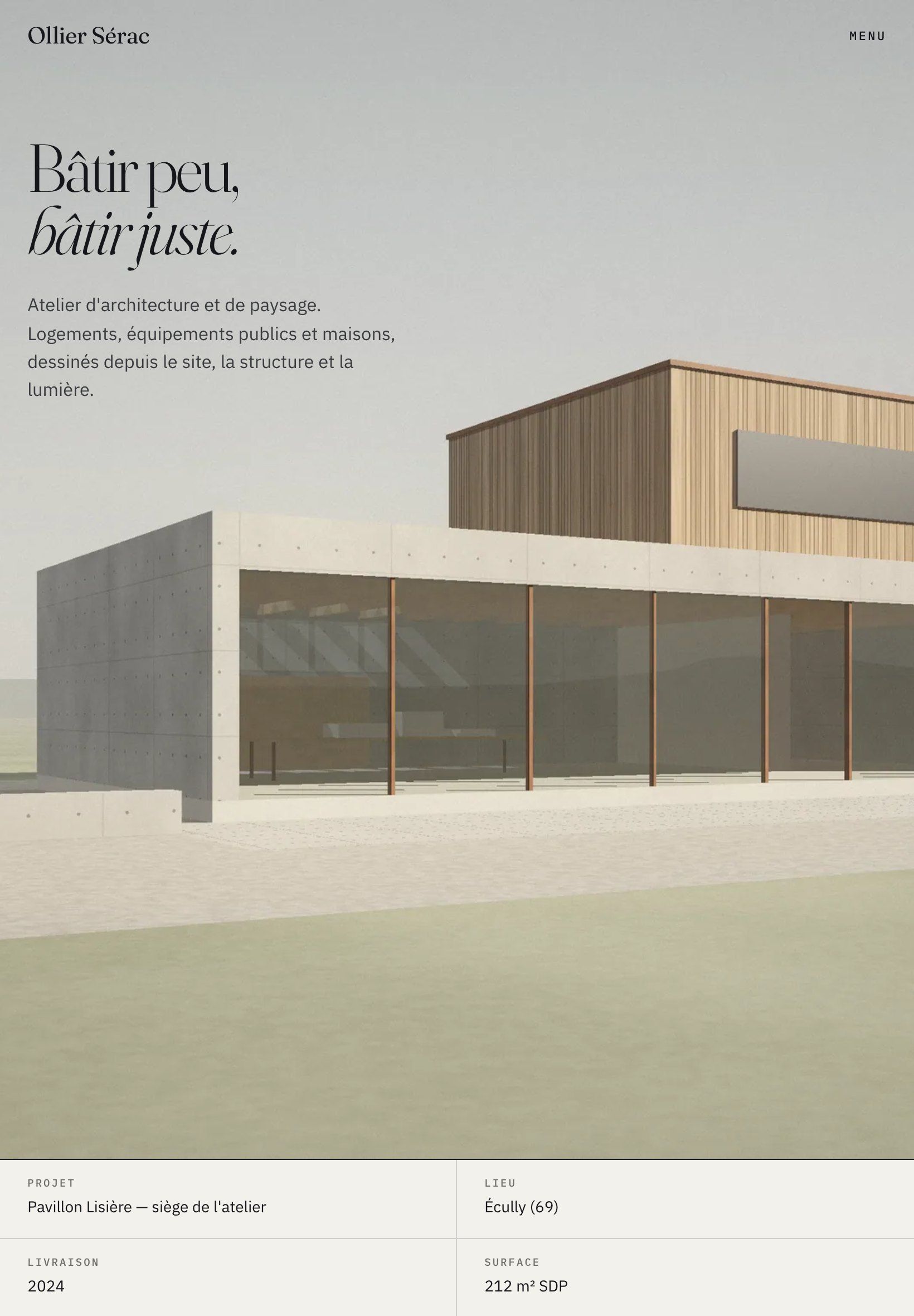 Ollier Sérac architecture firm website on tablet: home page