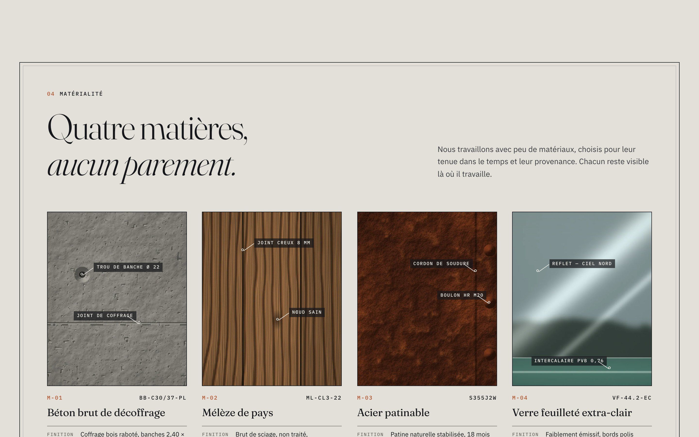 Ollier Sérac website on desktop: materials sheet — concrete, larch, weathering steel and glass