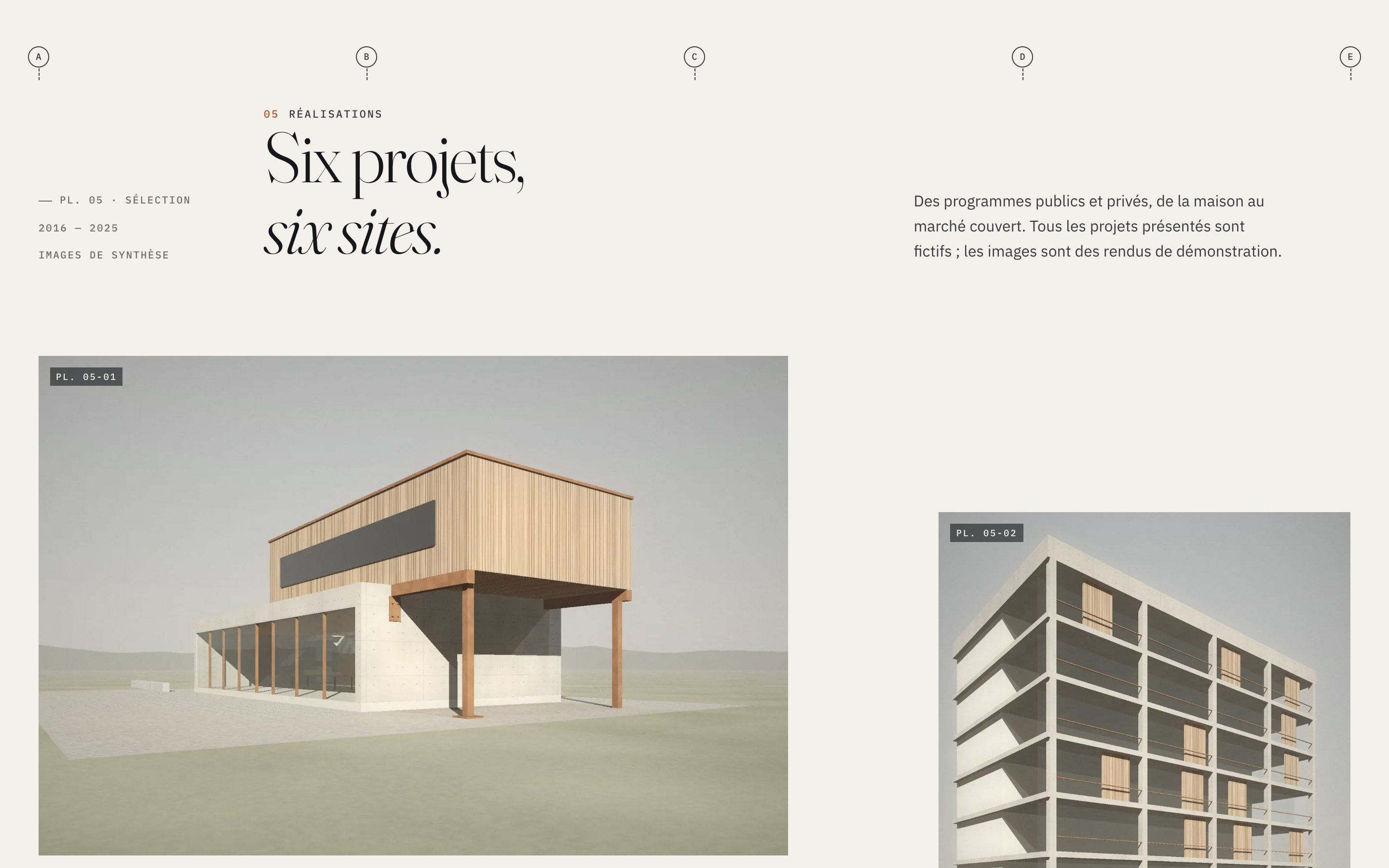 Ollier Sérac website on desktop: projects grid and structural grid axes