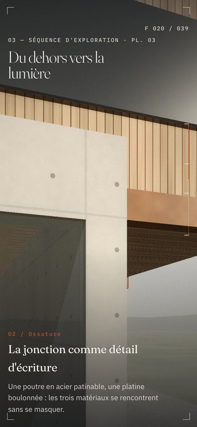 Ollier Sérac website on mobile: scroll sequence, detail of the concrete, steel and timber junction
