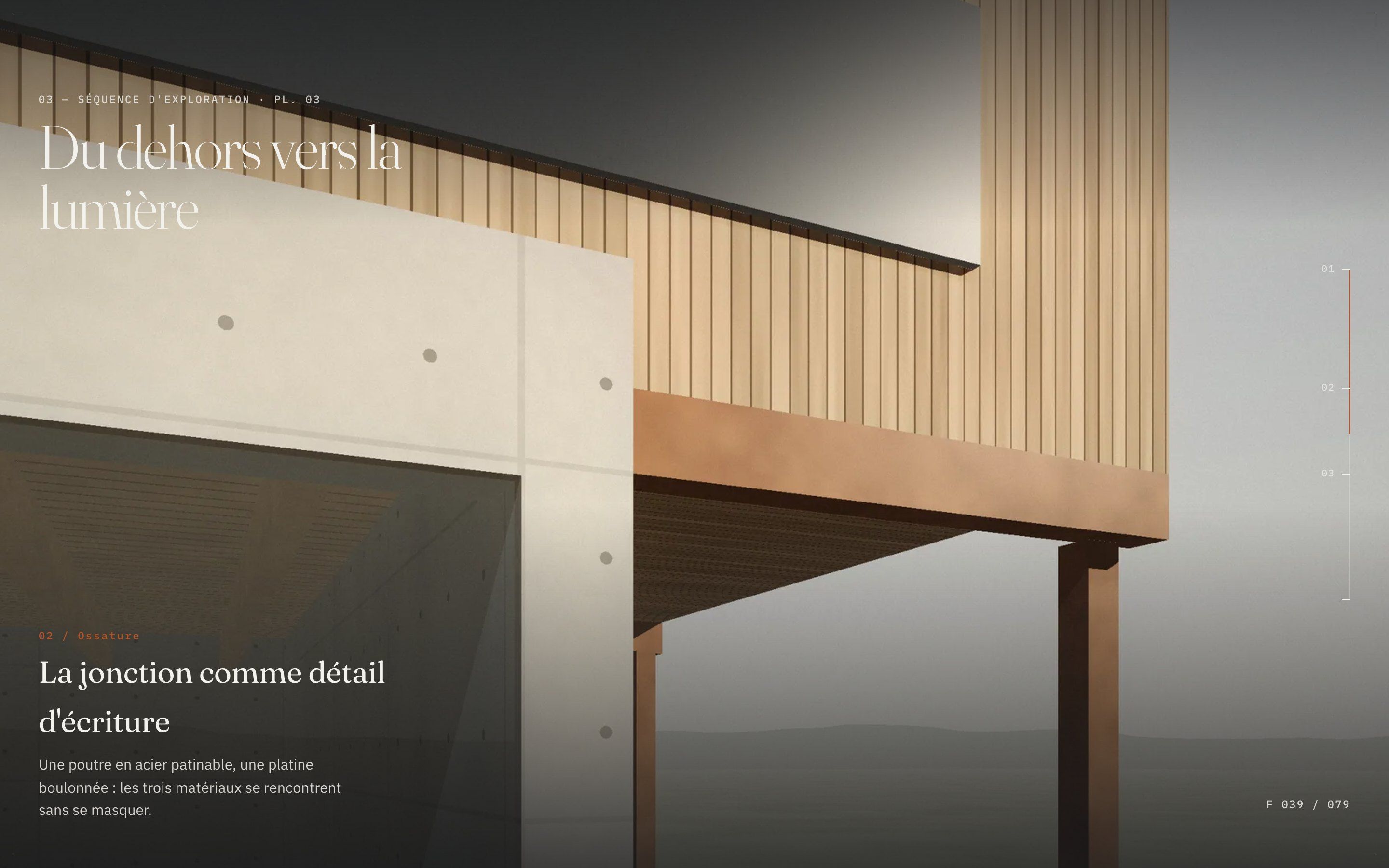 Ollier Sérac website on desktop: scroll-driven sequence, the larch cantilever