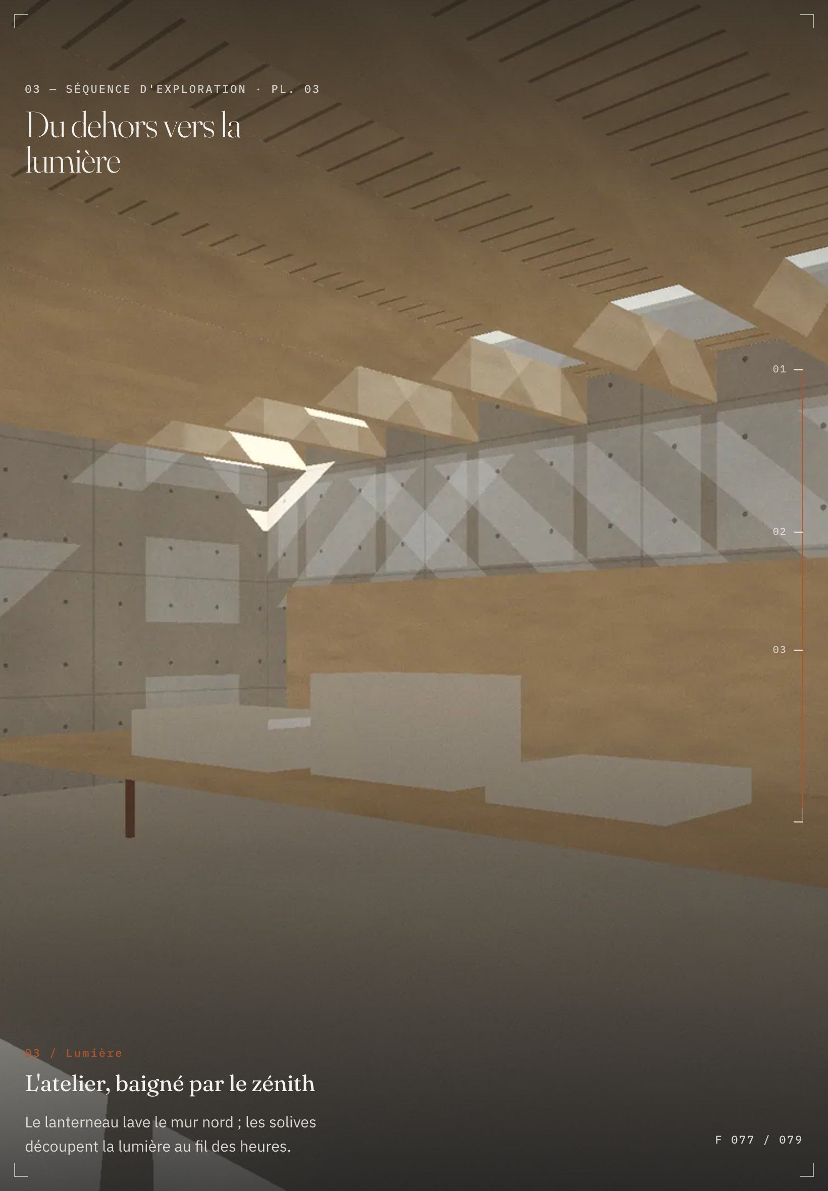 Ollier Sérac website on tablet: end of the scroll sequence, the studio lit by the rooflight
