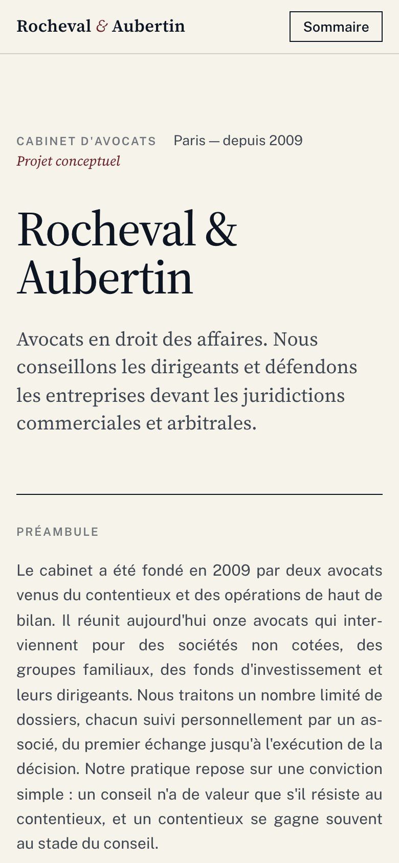 Rocheval & Aubertin law firm website on mobile: firm name and positioning statement