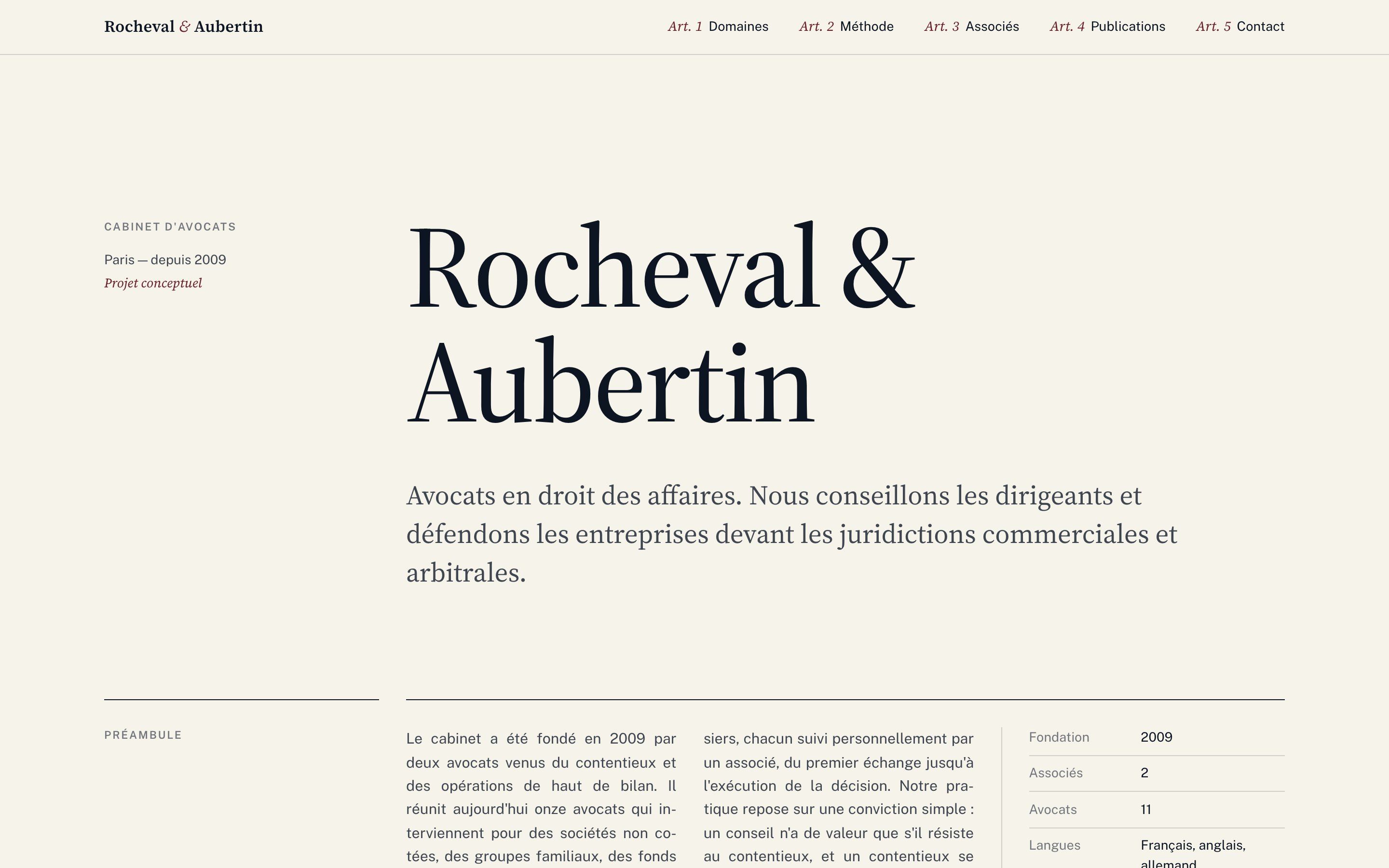 Rocheval & Aubertin law firm website on desktop: serif headline and legal-document column grid