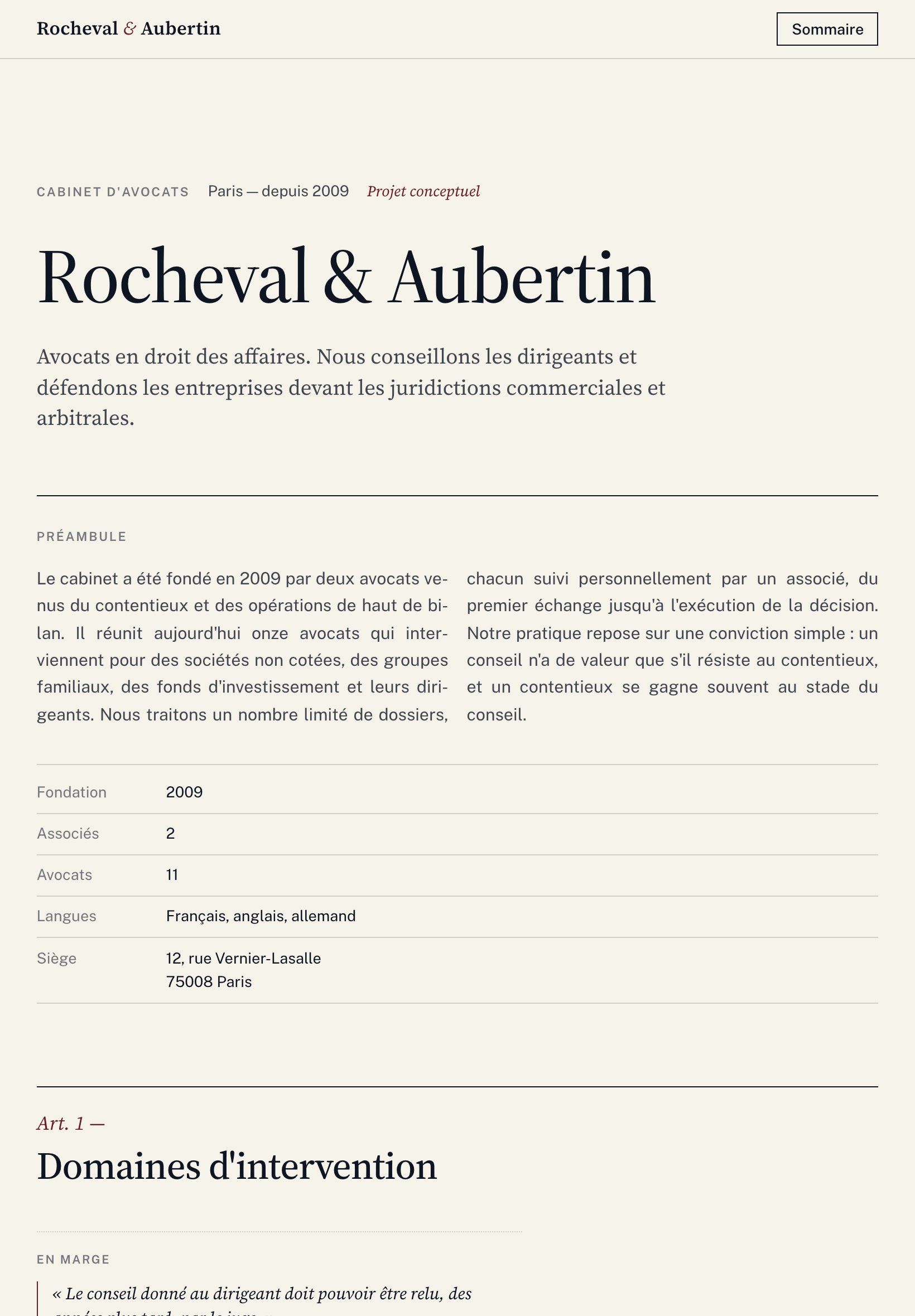 Rocheval & Aubertin law firm website on tablet: home page and preamble