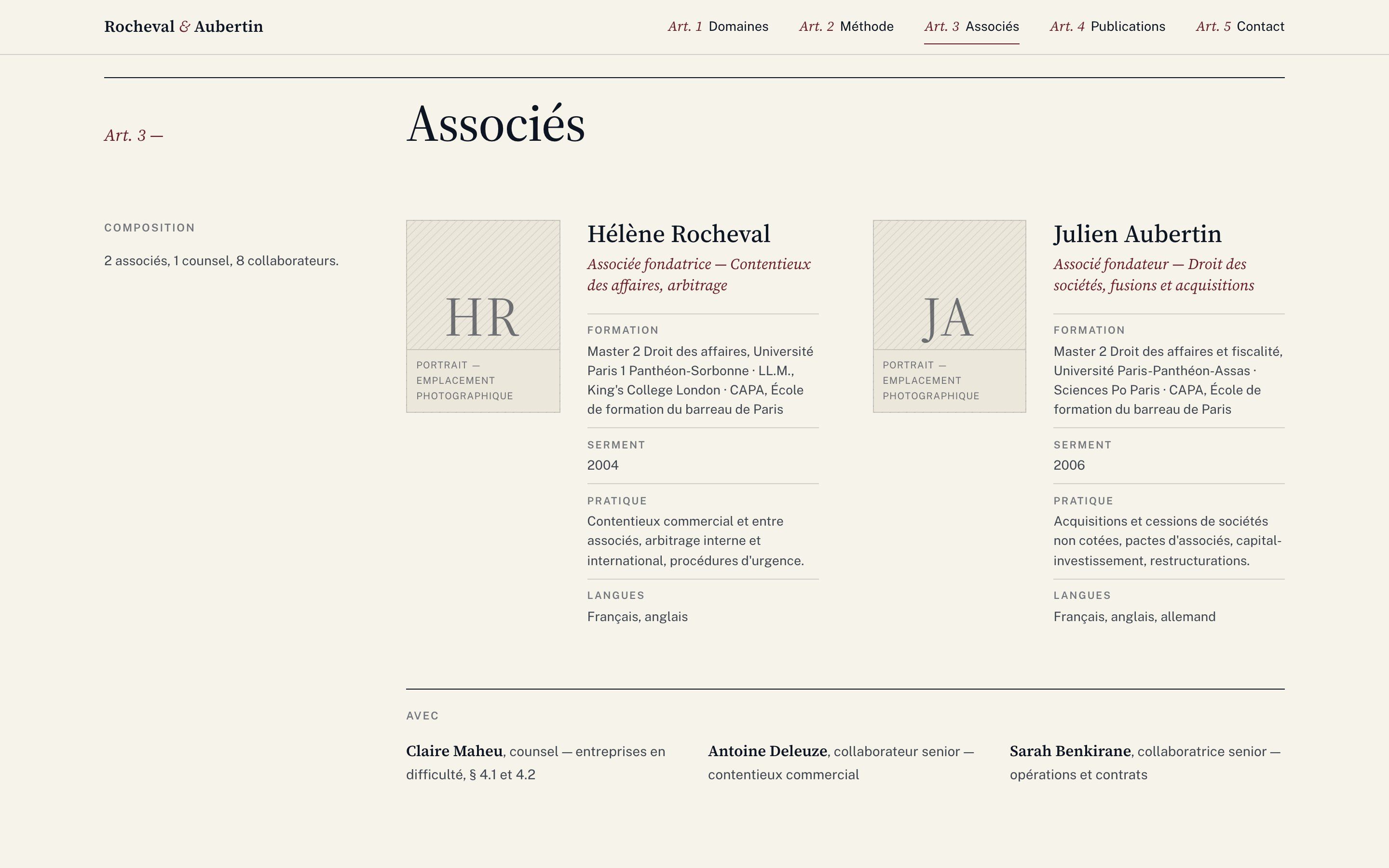 Rocheval & Aubertin website on desktop: partner profiles with education, admission and practice