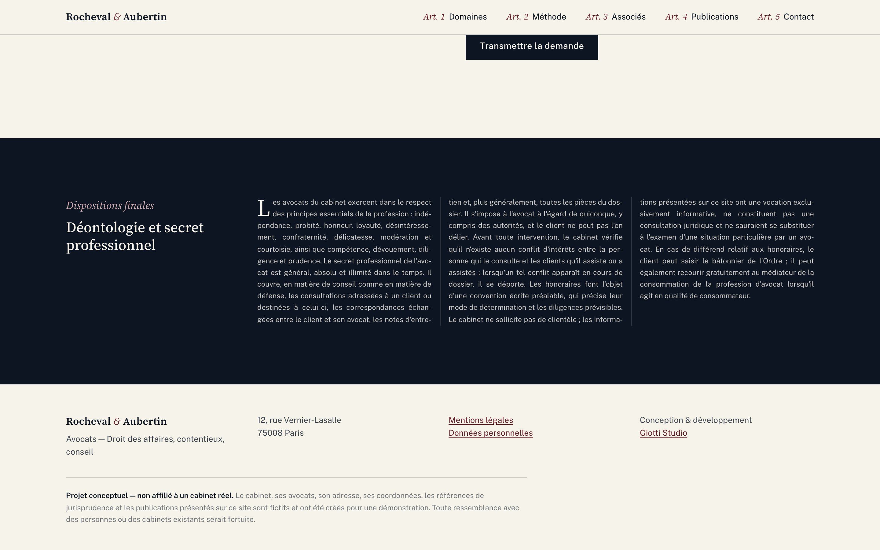 Rocheval & Aubertin website on desktop: ethics and professional secrecy band set as justified three-column text
