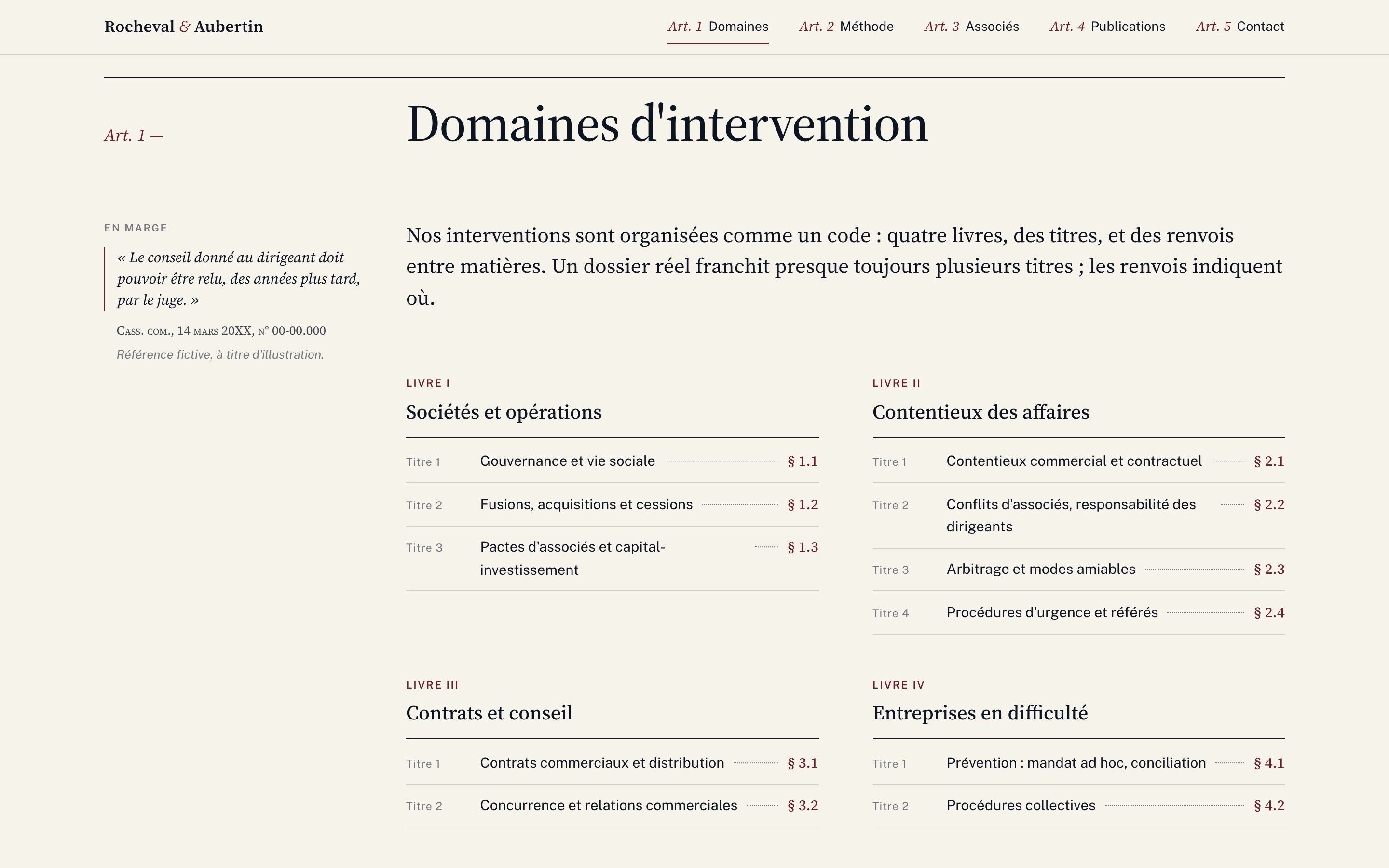Rocheval & Aubertin website on desktop: practice areas as a legal code table of contents, books and titles