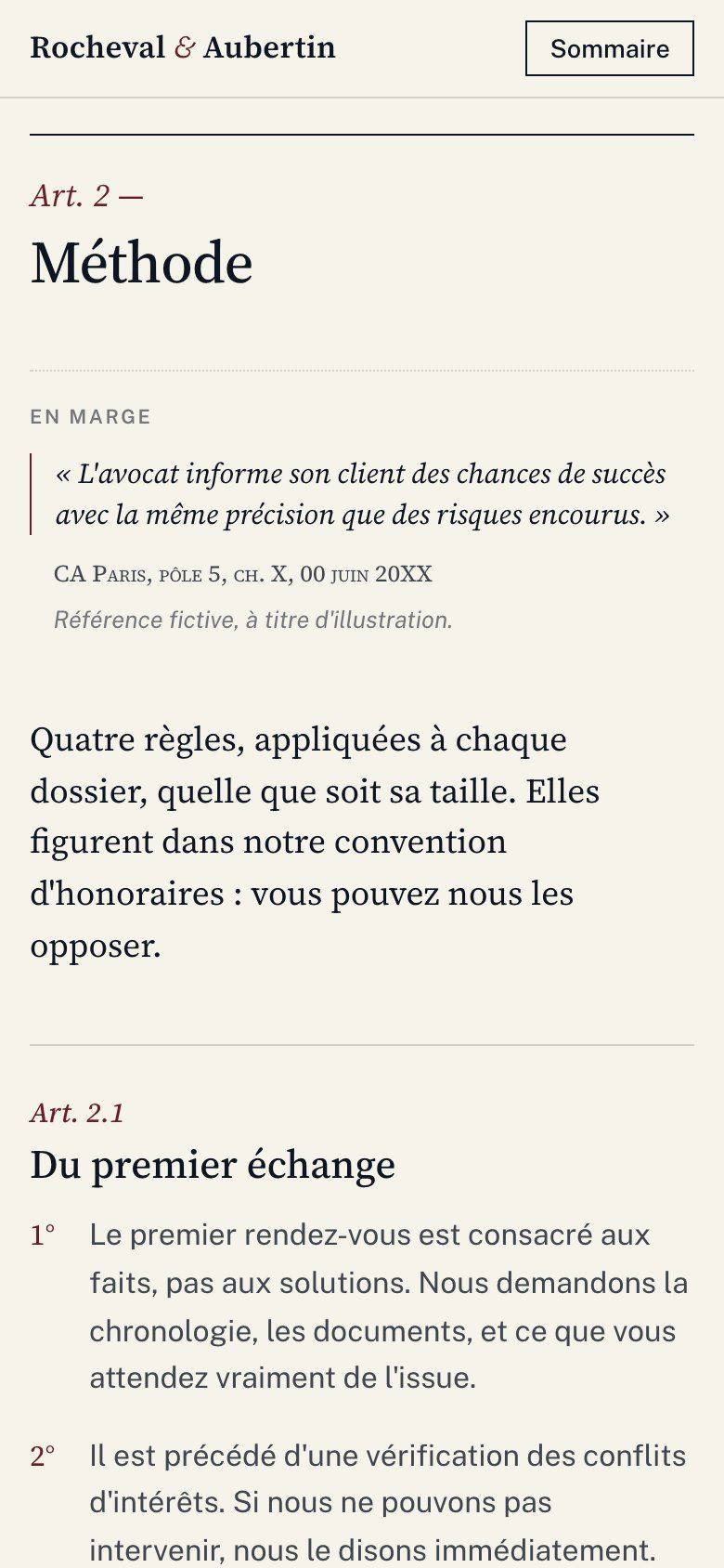 Rocheval & Aubertin website on mobile: “Art. 2 — Method”, numbered principles and margin note