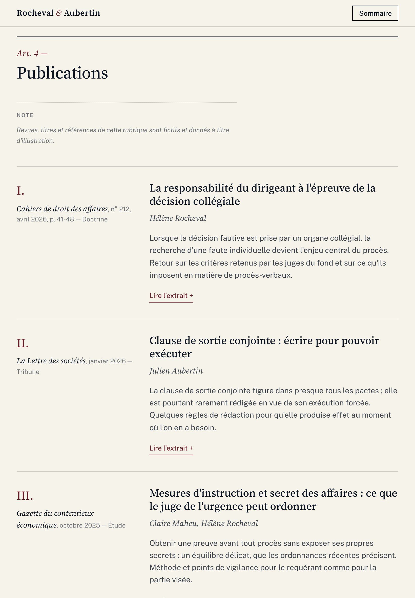 Rocheval & Aubertin website on tablet: publications laid out like law review articles