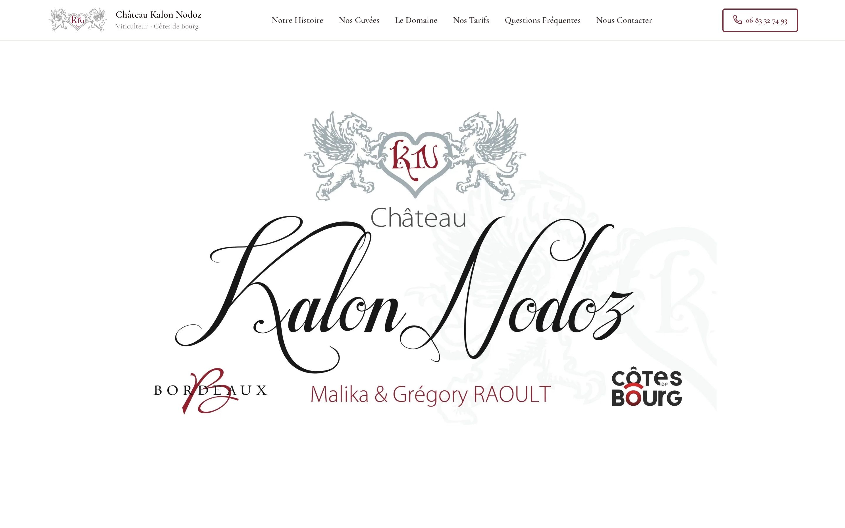 Site du Château Kalon Nodoz sur ordinateur : page d'accueil, domaine viticole en Côtes de Bourg