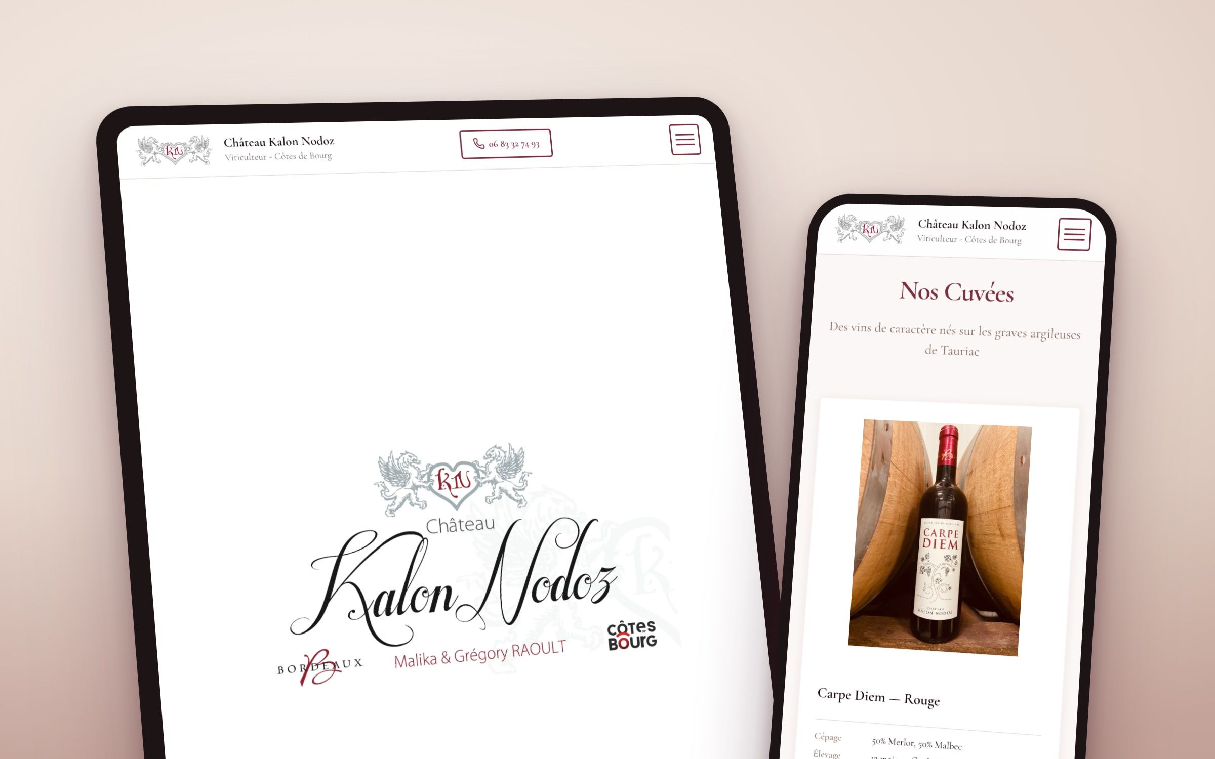 Le site vitrine du Château Kalon Nodoz affiché sur une tablette et un téléphone